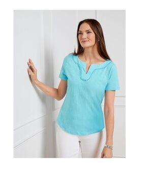 NWT Talbots Dot Trim Split Neck Tee  Shirt in Vivid Turquoise Blue , Size S